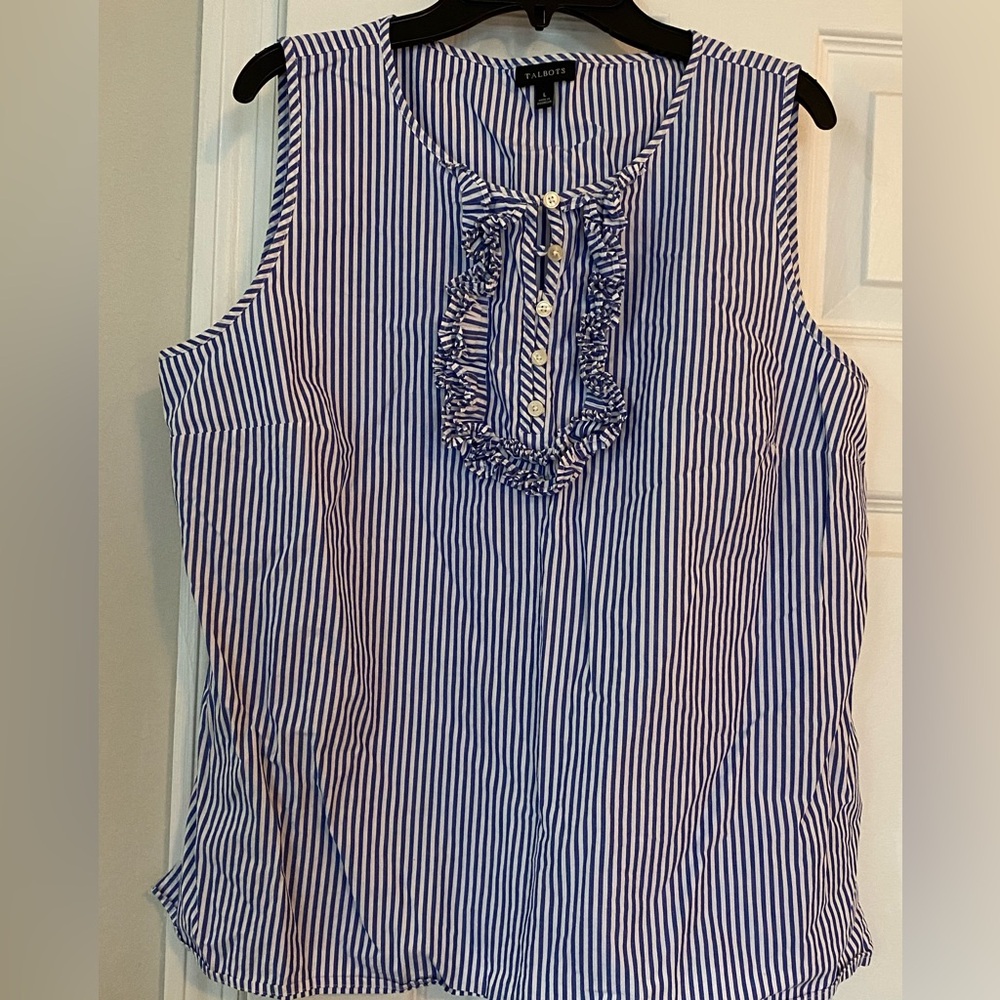 Talbots Sleeveless Cotton Blue&White Stripe Blouse. Frill at top w/ Buttons. EUC